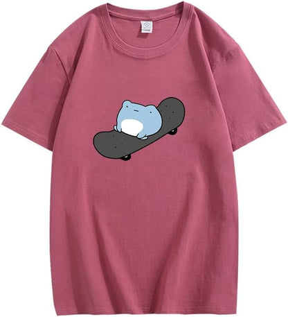 CORIRESHA Camiseta de skate de algodón de manga corta con cuello redondo y estampado de rana linda para adolescentes