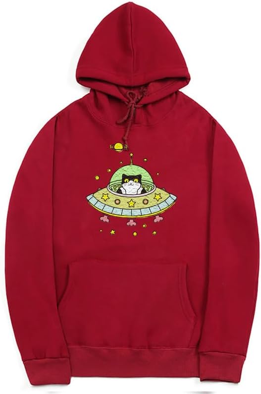 CORIRESHA Space Lover Hoodie Long Sleeve Drawstring Cute Cat Spaceship Sweatshirt