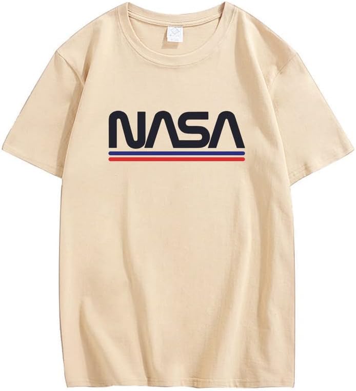 CORIRESHA Teen NASA Letter Print Casual Crew Neck Short Sleeve Basic Cotton T-Shirt