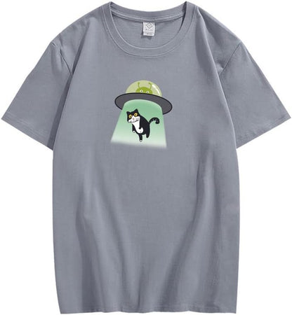CORIRESHA Alien nave espacial abducción gato vintage unisex divertido espacio camiseta