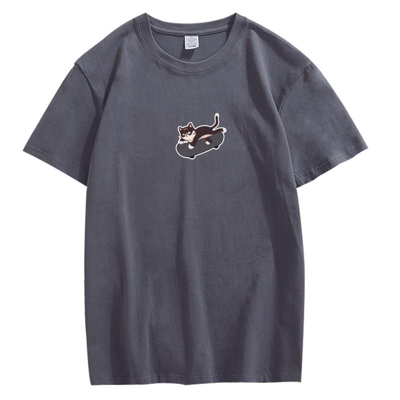 CORIRESHA Unisex Kawaii Ropa Cuello Redondo Manga Corta Lindo Monopatín Gato Camiseta Suelta