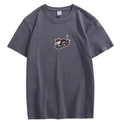 CORIRESHA Unisex Kawaii Ropa Cuello Redondo Manga Corta Lindo Monopatín Gato Camiseta Suelta