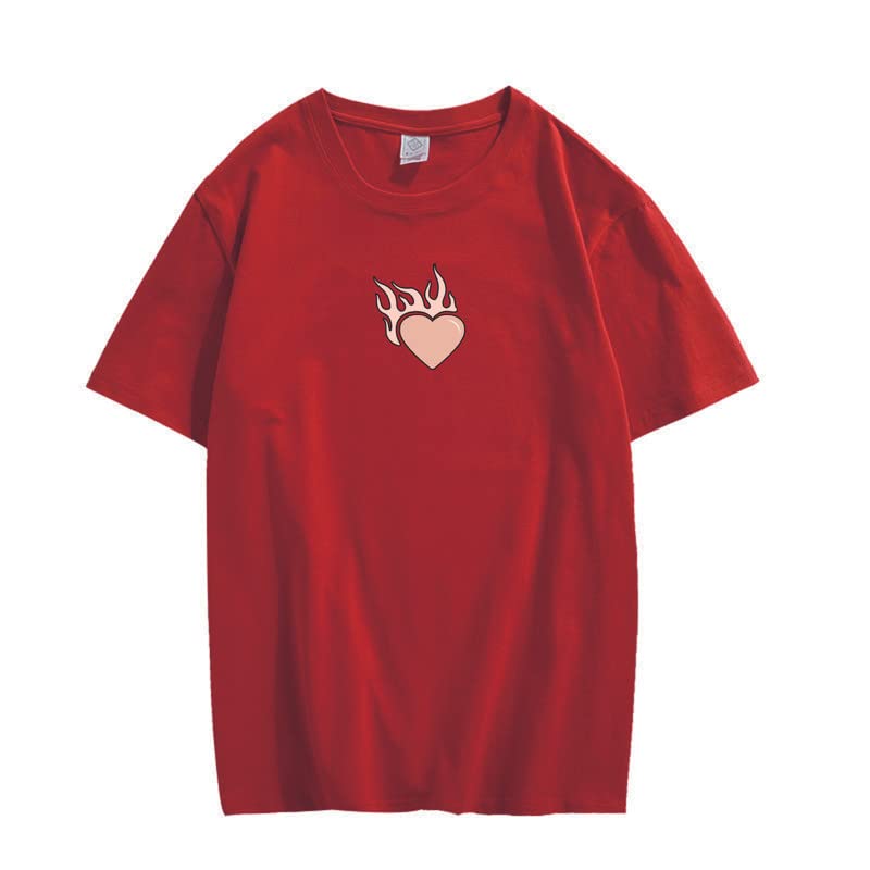CORIRESHA Adolescente Lindo Corazón Llama Cuello Redondo Manga Corta Casual Algodón San Valentín Camiseta