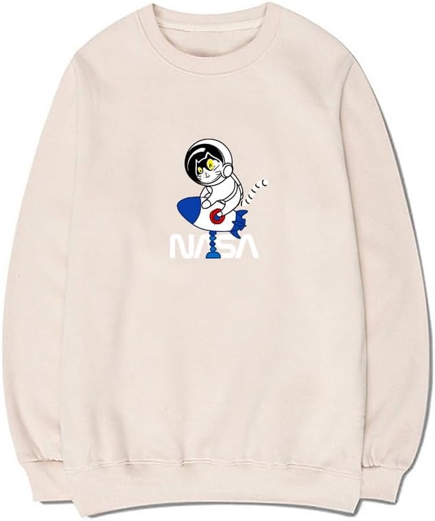 CORIRESHA Space Astronaut Cat Rocket NASA Long Sleeve Crew Neck Sweatshirt