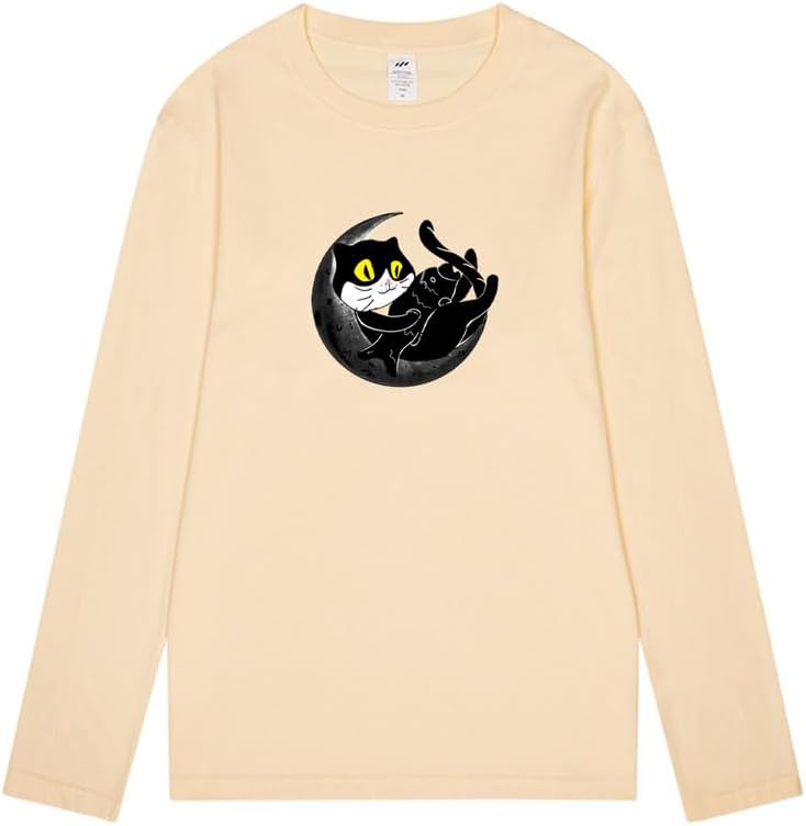 CORIRESHA Teen Fall Funny Cat Moon Crew Neck Long Sleeve Cotton T-Shirt