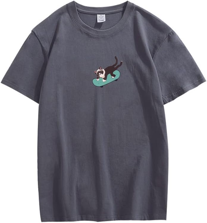 CORIRESHA Hombres Mujeres Monopatín Gato Cuello Redondo Manga Corta Suelta Tallas Grandes Camisetas