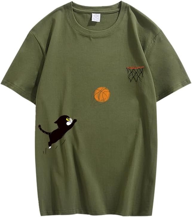 CORIRESHA Teen Cute Cat Basketball Crew Neck Short Sleeve Loose Soft Cotton T-Shirt