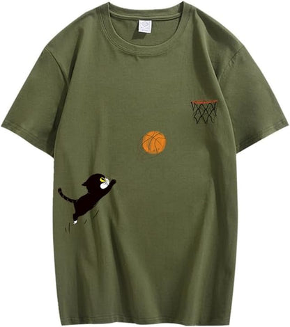 CORIRESHA Adolescente Lindo Gato Baloncesto Cuello Redondo Manga Corta Suelta Camiseta De Algodón Suave