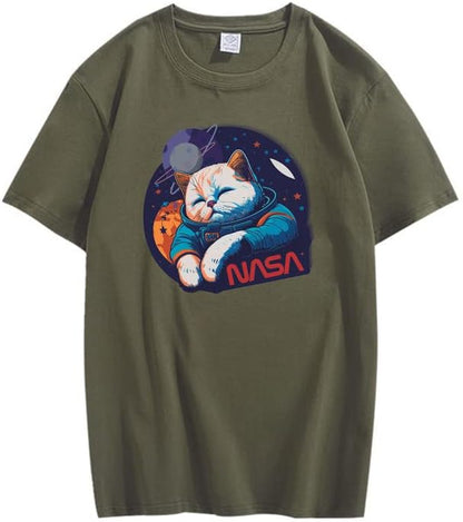 CORIRESHA Camiseta holgada de manga corta con cuello redondo de la NASA y gato lindo para adolescentes