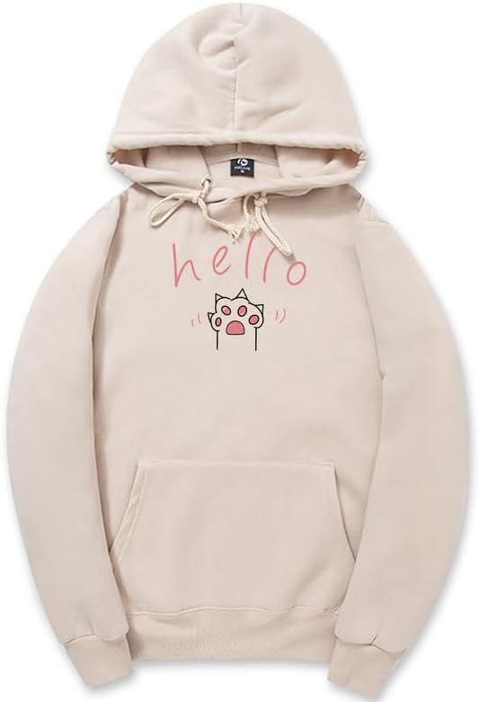 CORIRESHA Cat Paw Graphic Hoodie Drawstring Pocket Kawaii Cute Letter Sweatshirt