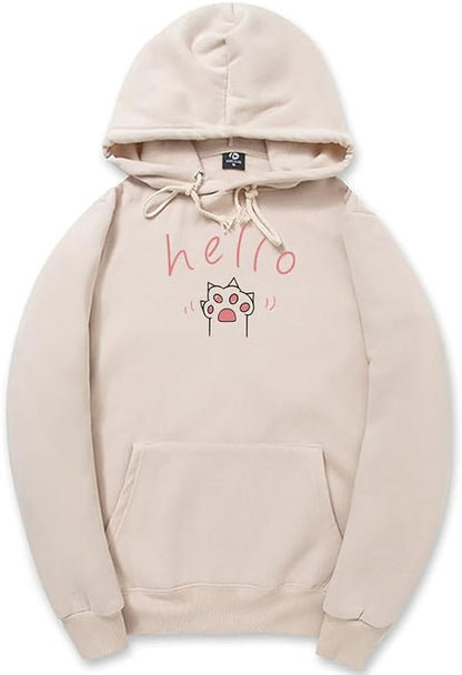 CORIRESHA Cat Paw Graphic Hoodie Drawstring Pocket Kawaii Cute Letter Sweatshirt