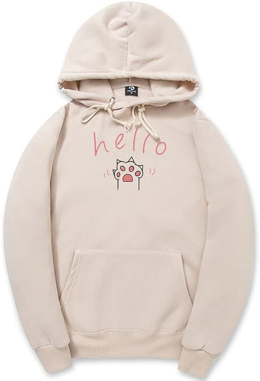 CORIRESHA Cat Paw Graphic Hoodie Drawstring Pocket Kawaii Cute Letter Sweatshirt