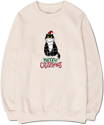 CORIRESHA Teen Cute Christmas Cat Crew Neck Long Sleeve Cozy Pullover Sweatshirt