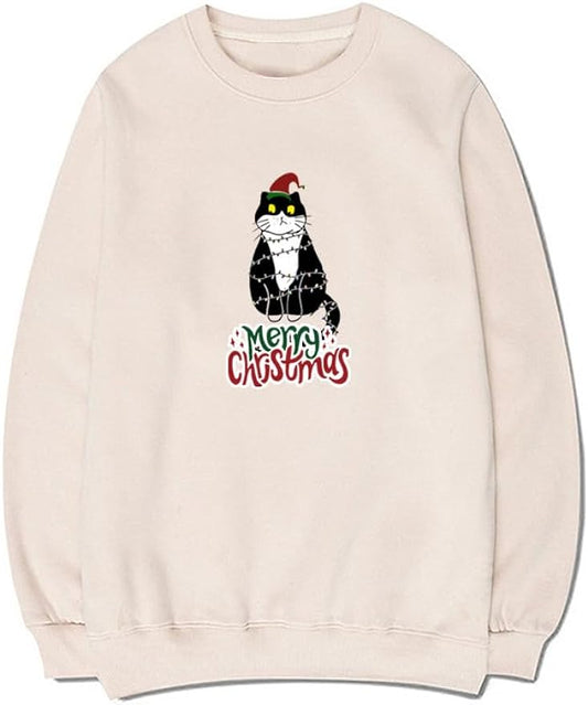 CORIRESHA Teen Cute Christmas Cat Crew Neck Long Sleeve Cozy Pullover Sweatshirt