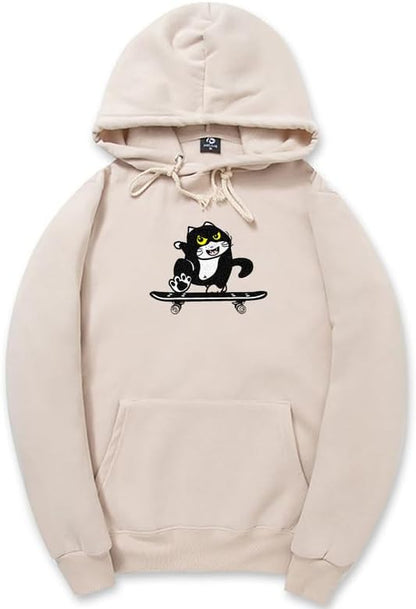 CORIRESHA Cute Cat Skateboard Long Sleeve Drawstring Kangaroo Pocket Hoodie Sweatshirt