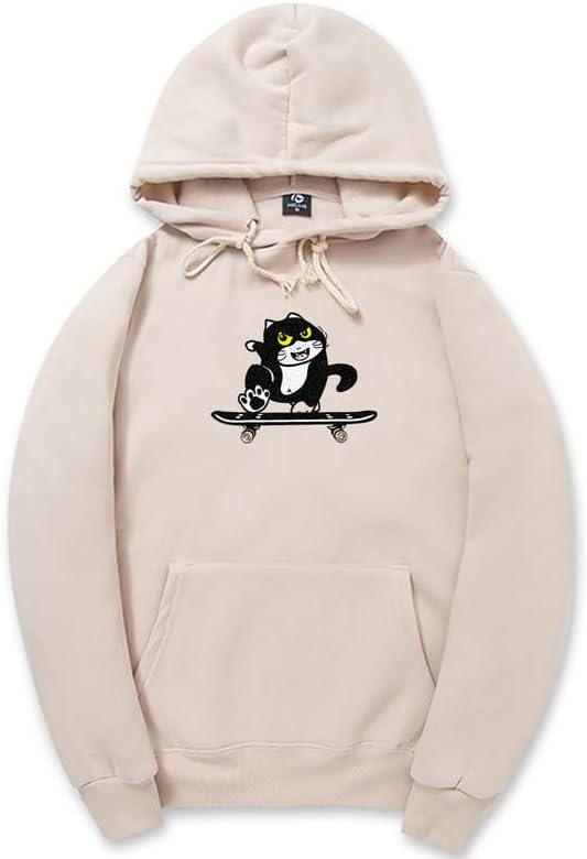 CORIRESHA Cute Cat Skateboard Long Sleeve Drawstring Kangaroo Pocket Hoodie Sweatshirt