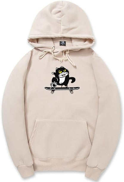 CORIRESHA Cute Cat Skateboard Long Sleeve Drawstring Kangaroo Pocket Hoodie Sweatshirt