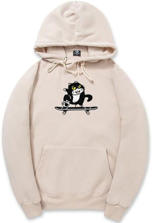 CORIRESHA Cute Cat Skateboard Long Sleeve Drawstring Kangaroo Pocket Hoodie Sweatshirt