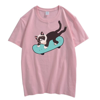 CORIRESHA Unisex Cat Lovers Casual Crewneck Short Sleeve Cozy Skateboard T-Shirt