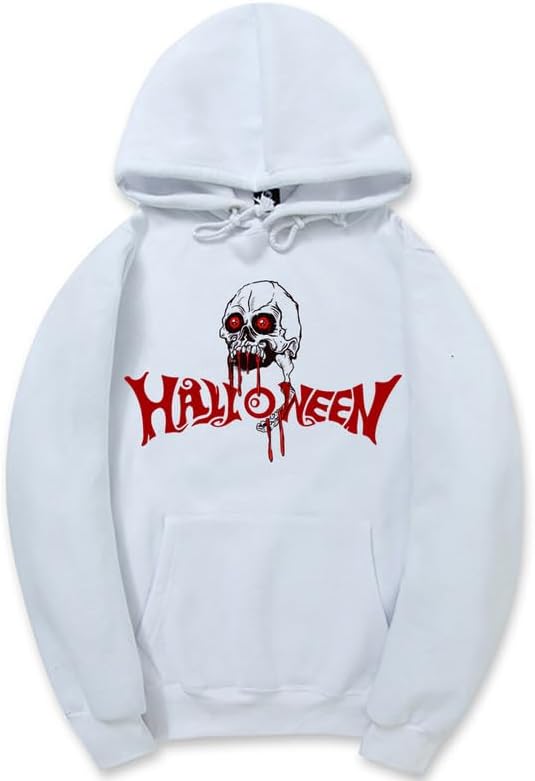 CORIRESHA Halloween Skull Hoodie Long Sleeve Drawstring Cotton Unisex Bloodstained Sweatshirt