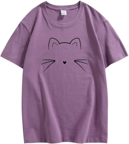 CORIRESHA Camiseta unisex con estampado de cara de gato, cuello redondo, manga corta, camisetas lindas de verano