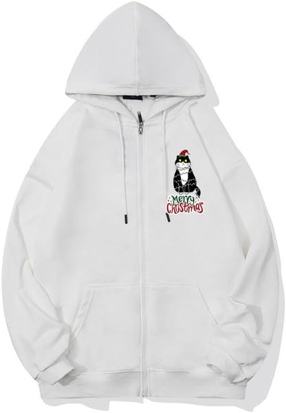 CORIRESHA Women's Unisex Cute Christmas Cat Zipper Hoodie Long Sleeve Drawstring Funny Sweatshirt