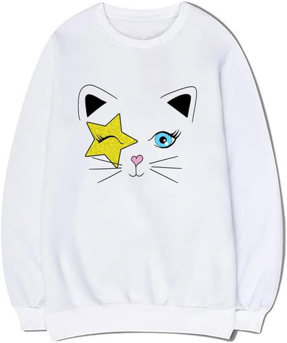 CORIRESHA Unisex Stars Y2k Pattern Crewneck Long Sleeves Casual Cat Lovers Sweatshirts