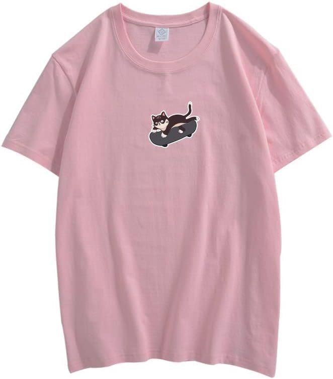 CORIRESHA Unisex Kawaii Ropa Cuello Redondo Manga Corta Lindo Monopatín Gato Camiseta Suelta