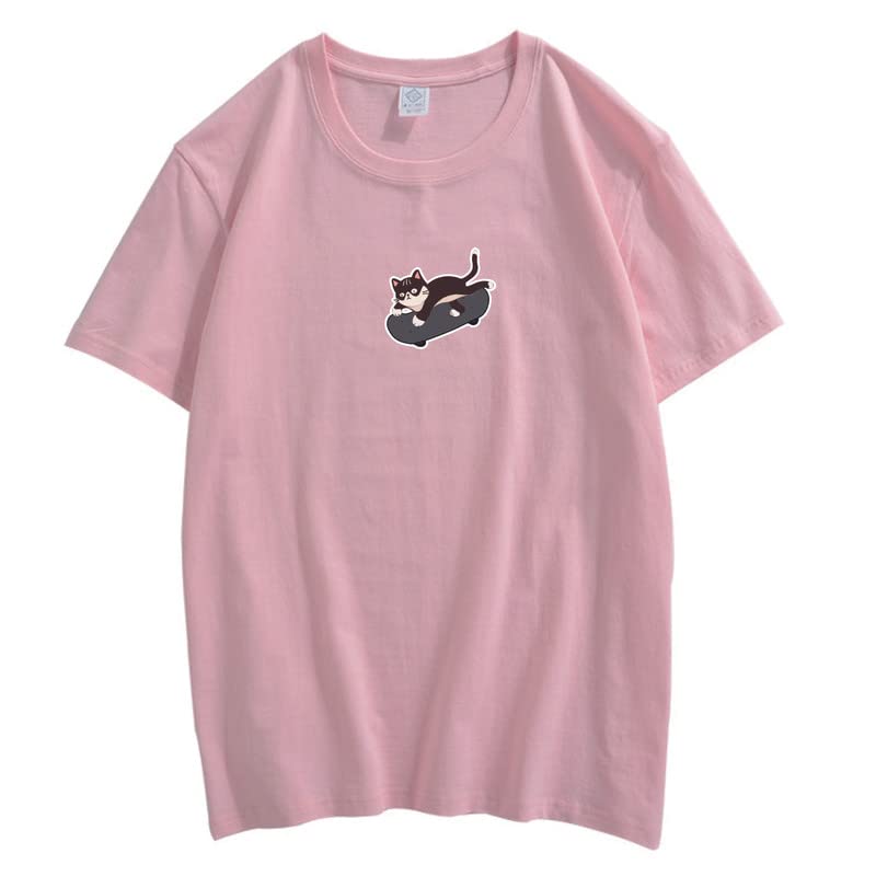 CORIRESHA Unisex Kawaii Ropa Cuello Redondo Manga Corta Lindo Monopatín Gato Camiseta Suelta
