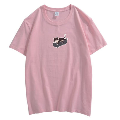 CORIRESHA Unisex Kawaii Ropa Cuello Redondo Manga Corta Lindo Monopatín Gato Camiseta Suelta