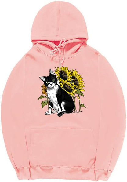 CORIRESHA Lindo Gato Sudadera con capucha Casual Manga Larga Cordón Girasol Sudadera