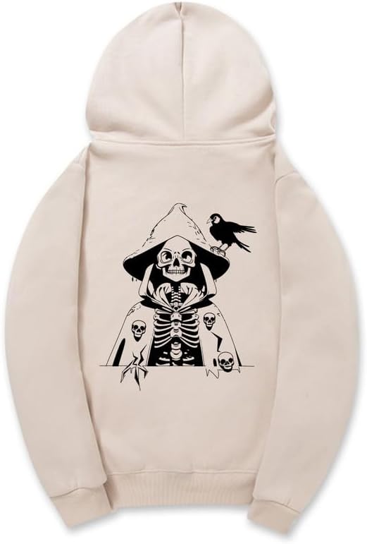 CORIRESHA Women's Skull Print Hoodie Long Sleeve Drawstring Casual Soft Unisex Halloween Sweatshirt