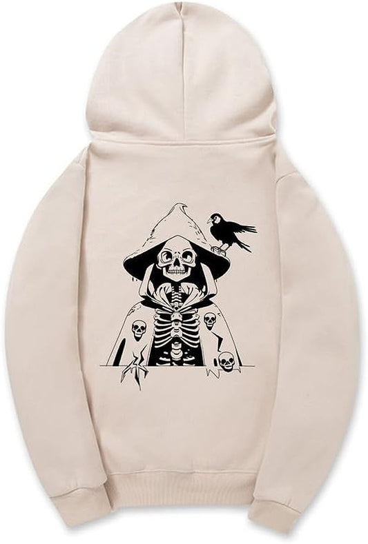 CORIRESHA Sudadera con capucha con estampado de calavera para mujer, manga larga, con cordón, informal, suave, unisex, para Halloween