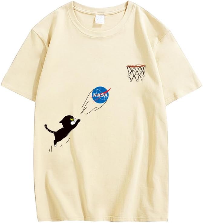 CORIRESHA Adolescente Lindo Gato Cuello Redondo Manga Corta Verano Casual Básico NASA Camiseta