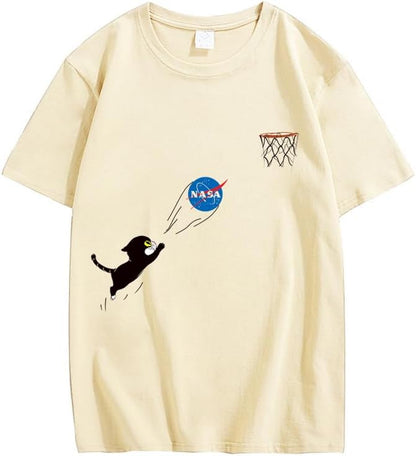 CORIRESHA Adolescente Lindo Gato Cuello Redondo Manga Corta Verano Casual Básico NASA Camiseta