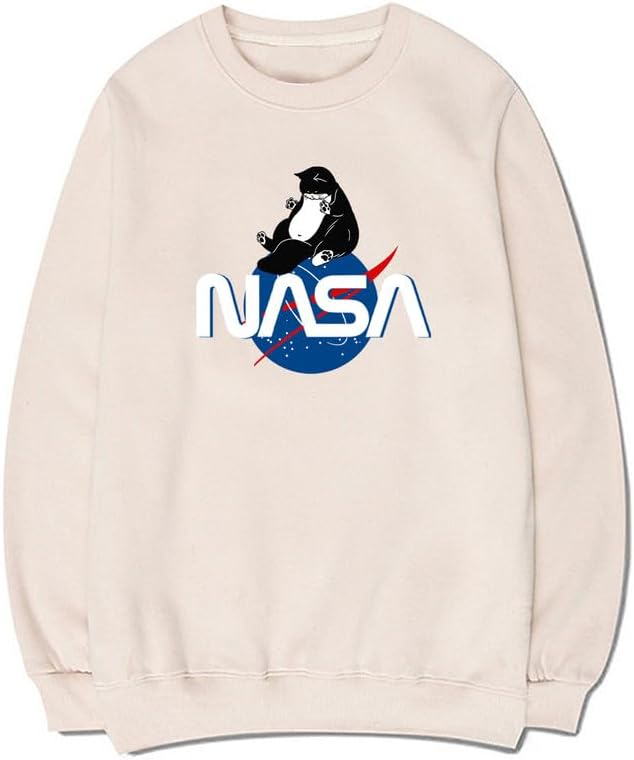 CORIRESHA Fashion NASA Print Crewneck Long Sleeve Casual Cat Lover Sweatshirt