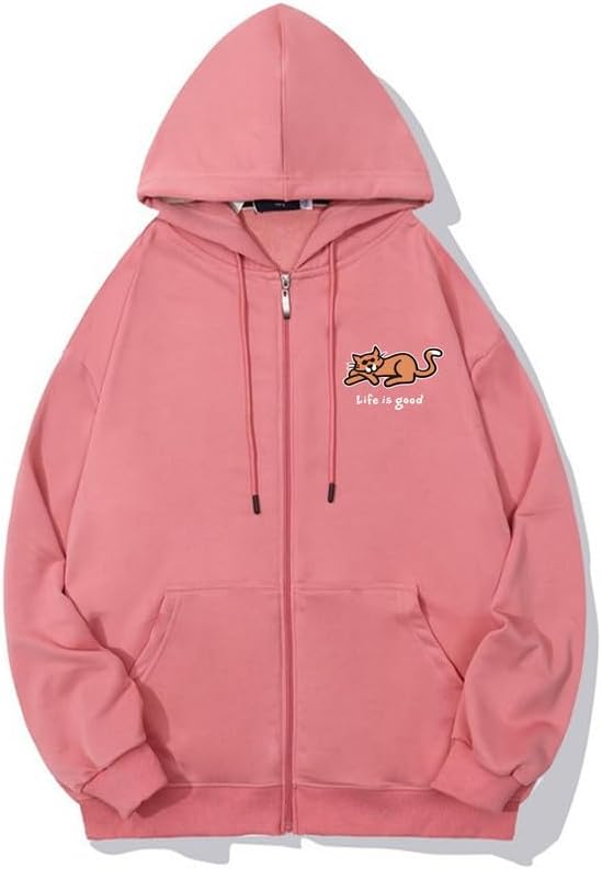 CORIRESHA Women's Cute Cat Long Sleeve Drawstring Casual Letter Zip Hoodie Sweatshirt