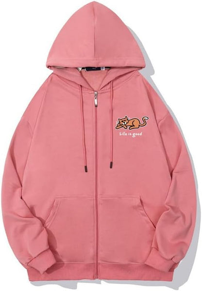 CORIRESHA Women's Cute Cat Long Sleeve Drawstring Casual Letter Zip Hoodie Sweatshirt