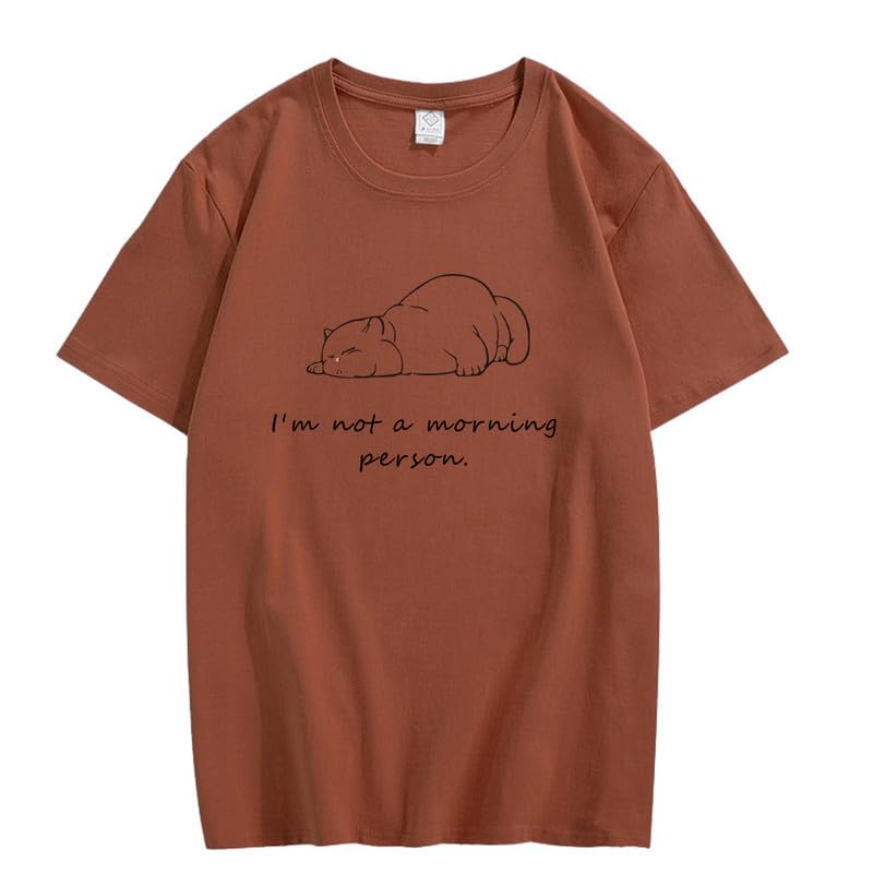 CORIRESHA Teen‘s Sleep Cat Crewneck Short Sleeve Casual Personalized Letter T-Shirt