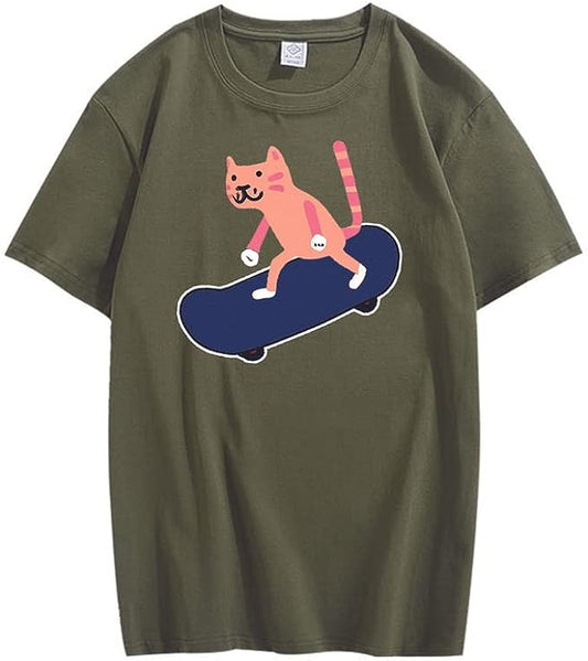 CORIRESHA Youth Skateboard Crewneck Short Sleeve Soft Loose Cat Lover T-Shirt