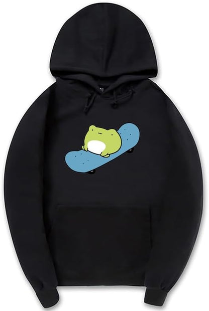 CORIRESHA Sudadera básica con capucha de rana para mujer, manga larga, bolsillo canguro, monopatín