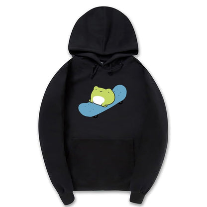 CORIRESHA Sudadera básica con capucha de rana para mujer, manga larga, bolsillo canguro, monopatín