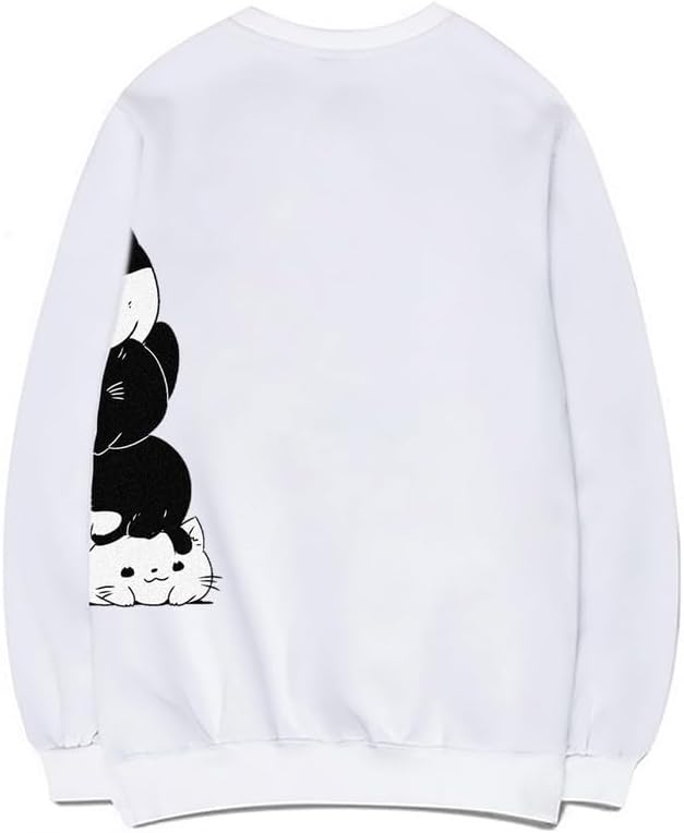 CORIRESHA Teen Cute Cat Crew Neck Long Sleeve Simple Cotton Pullover Sweatshirt