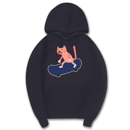 CORIRESHA Sudadera con capucha unisex con diseño de gato y monopatín de dibujos animados, informal, de manga larga, acogedora sudadera de algodón