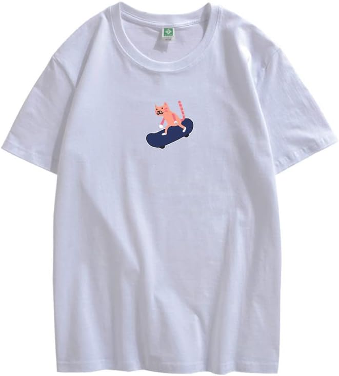 CORIRESHA Unisex Lindo Gato Monopatín Casual Cuello Redondo Manga Corta Suelta Camisetas Divertidas