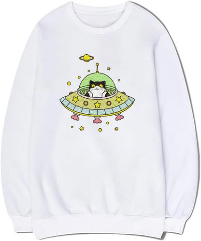CORIRESHA Space Lover Sweatshirt Crew Neck Long Sleeve Cute Cat Spaceship Pullover