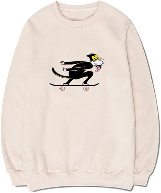 CORIRESHA Unisex Cute Cat Crewneck Long Sleeves Casual Cotton Skateboard Sweatshirts