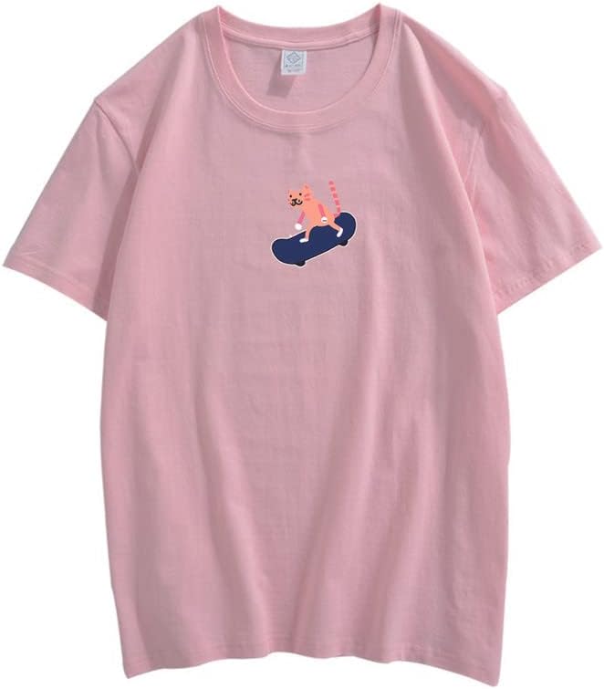 CORIRESHA Unisex Lindo Gato Monopatín Casual Cuello Redondo Manga Corta Suelta Camisetas Divertidas