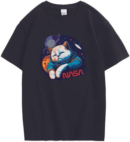 CORIRESHA Camiseta holgada de manga corta con cuello redondo de la NASA y gato lindo para adolescentes
