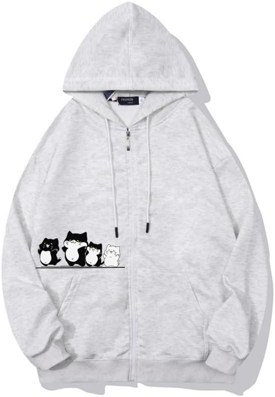 CORIRESHA Cute Cat Hoodie Sweatshirt Long Sleeve Drawstring Fall Zip Jacket